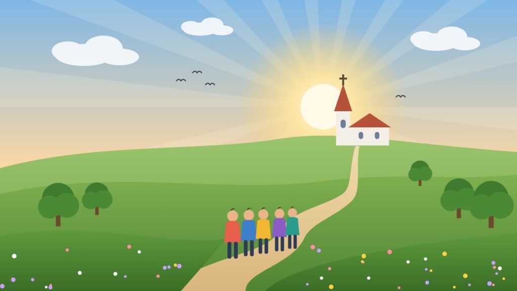 Gruppe junger Menschen auf einem Weg über grüne Hügel zu einer Kirche im Sonnenaufgang